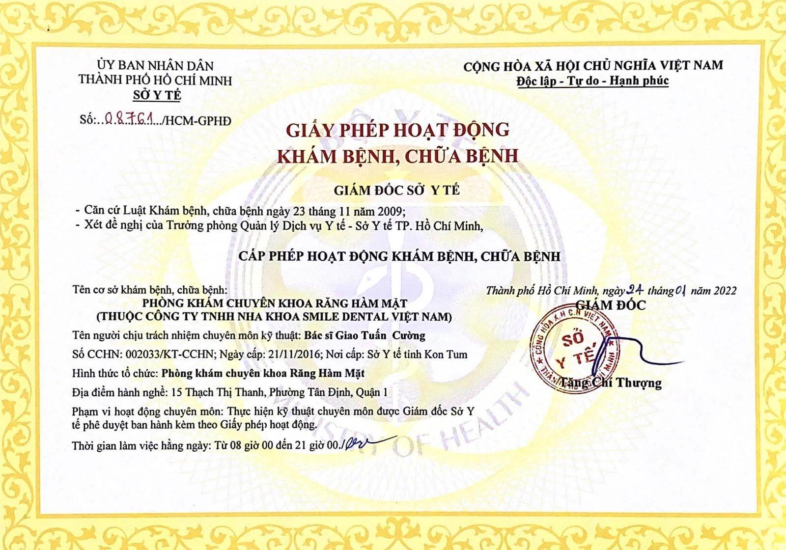 Giấy phép hoạt động Smile Dental