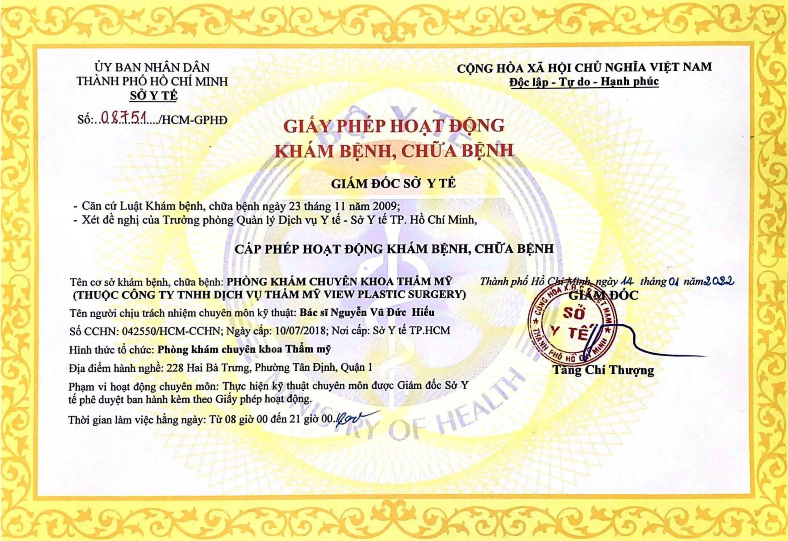 Giấy phép hoạt động View Plastic Surgery